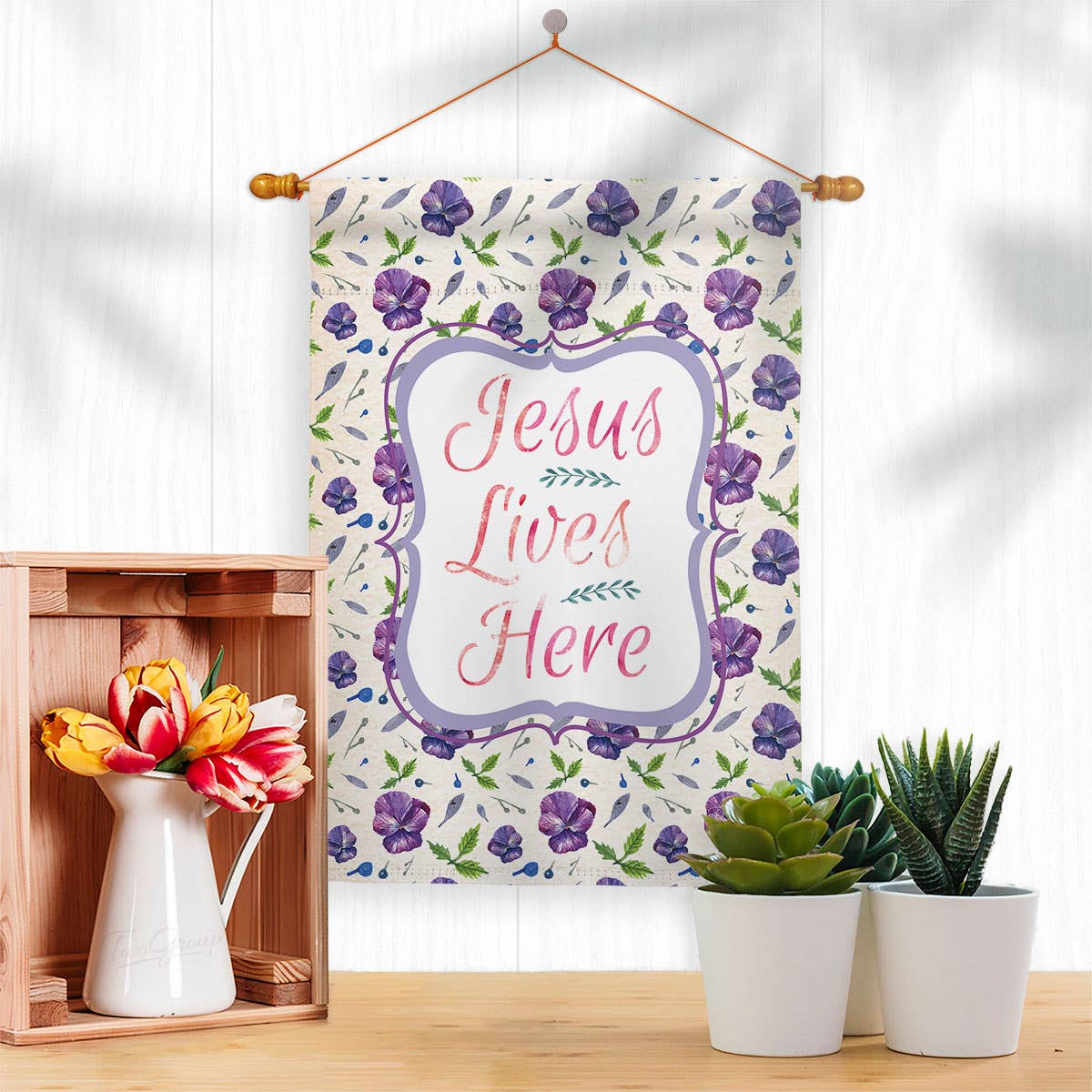 Jesus Lives Here Religious Bible Verses Faith Floral Flag
