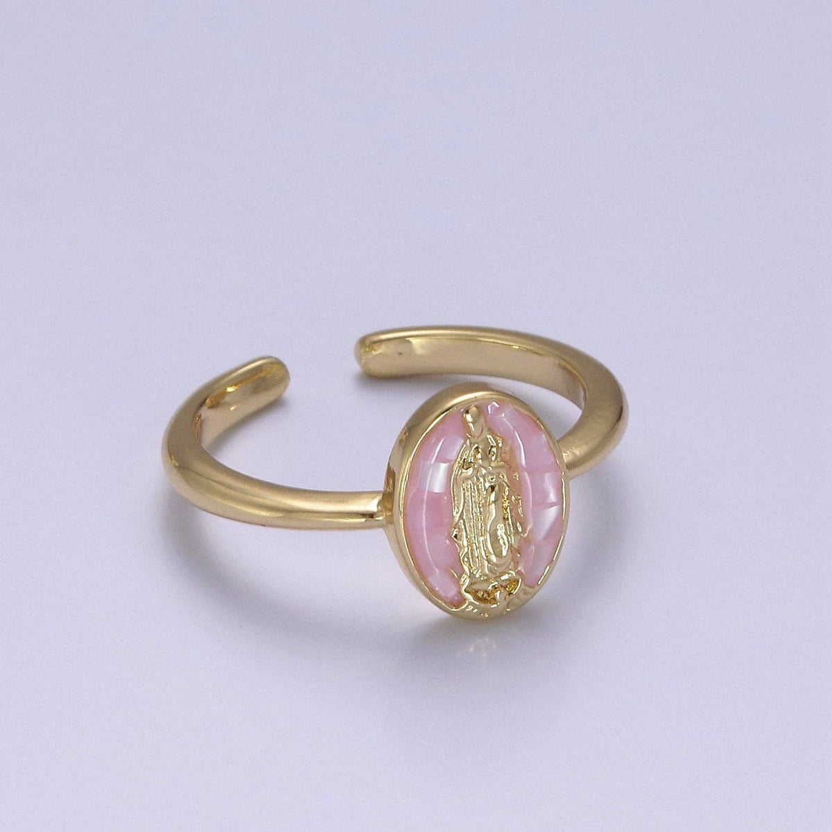 Gold Filled Oval Virgin Mother Mary Shell Opal Ring
