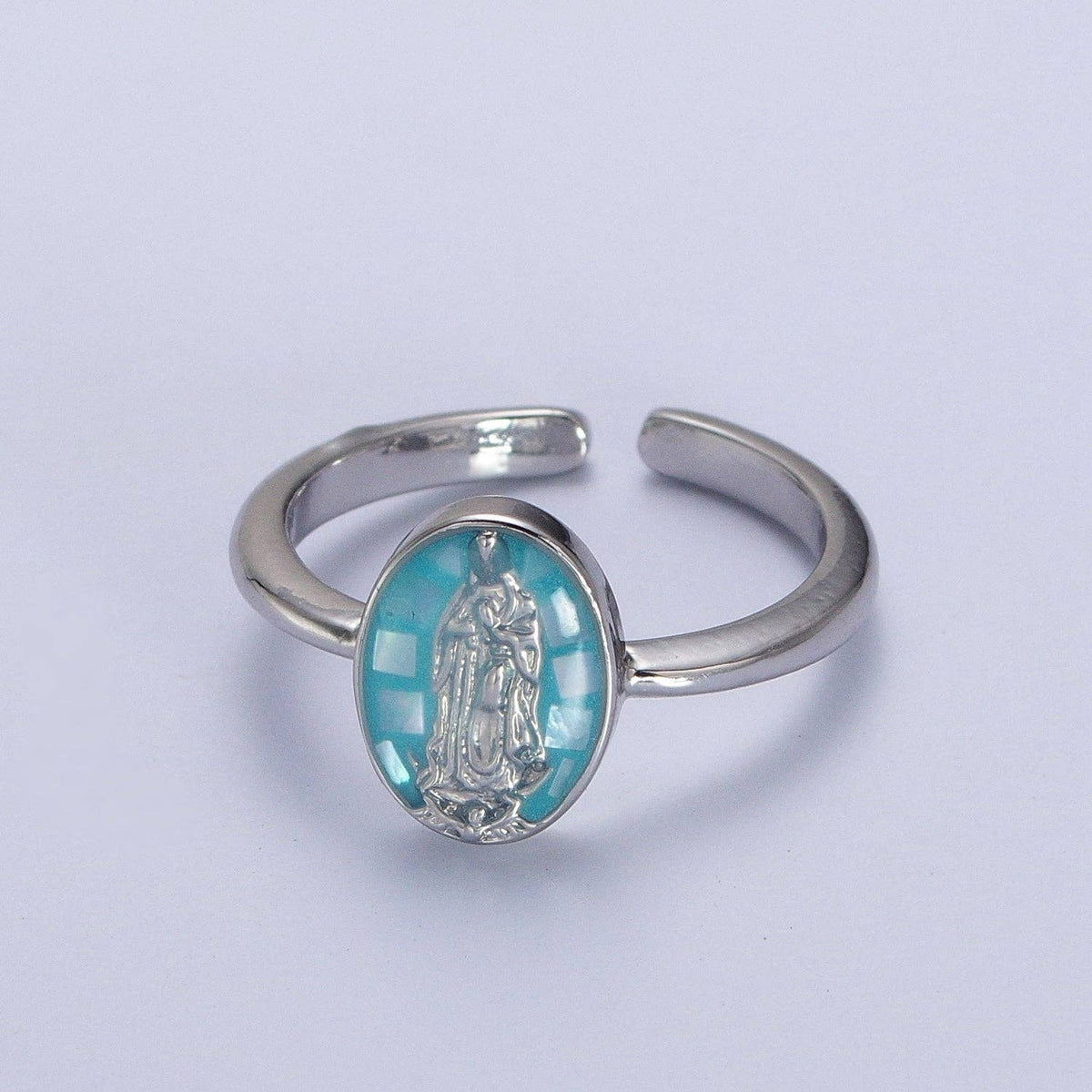 Gold Filled Oval Virgin Mother Mary Shell Opal Ring