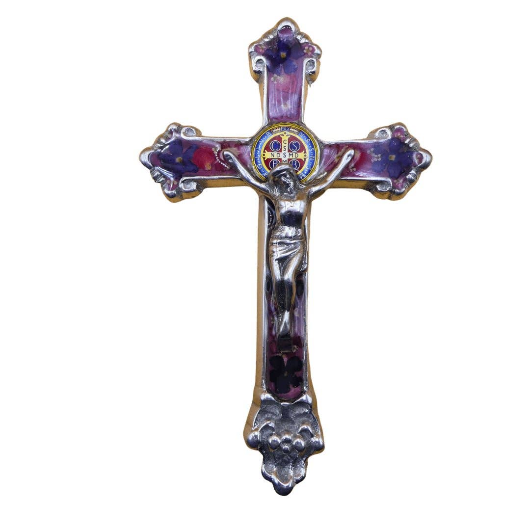 Baroque Wall Small Crucifix w/ Pressed Flowers & St. Benedict Medal 7.5"