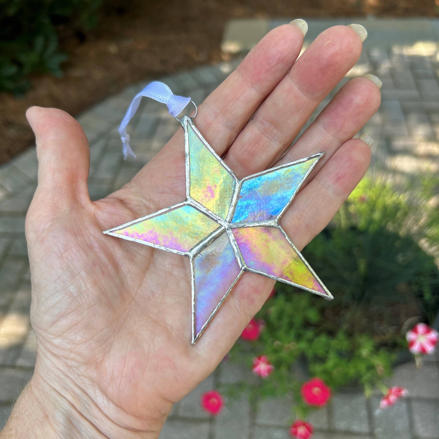 Merry & Bright Christmas Star Ornament Stained Glass 7718