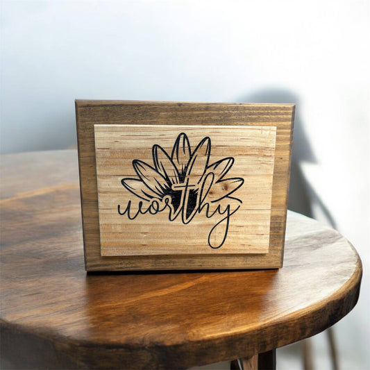 Rustic Wooden “Worthy” Sign with Sunflower Cross | Christian