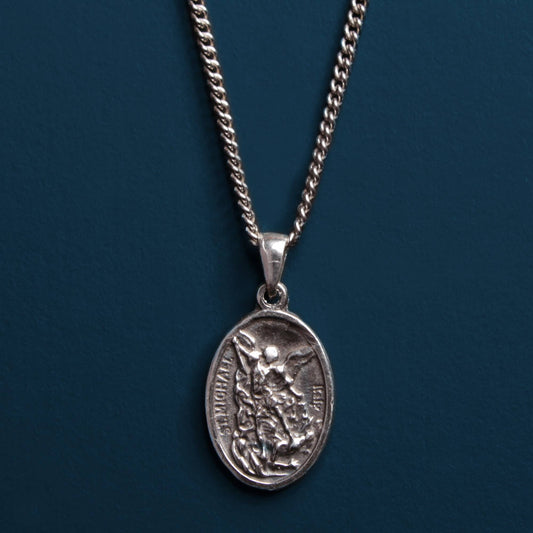 Saint Michael Sterling Silver Oval Pendant Necklace