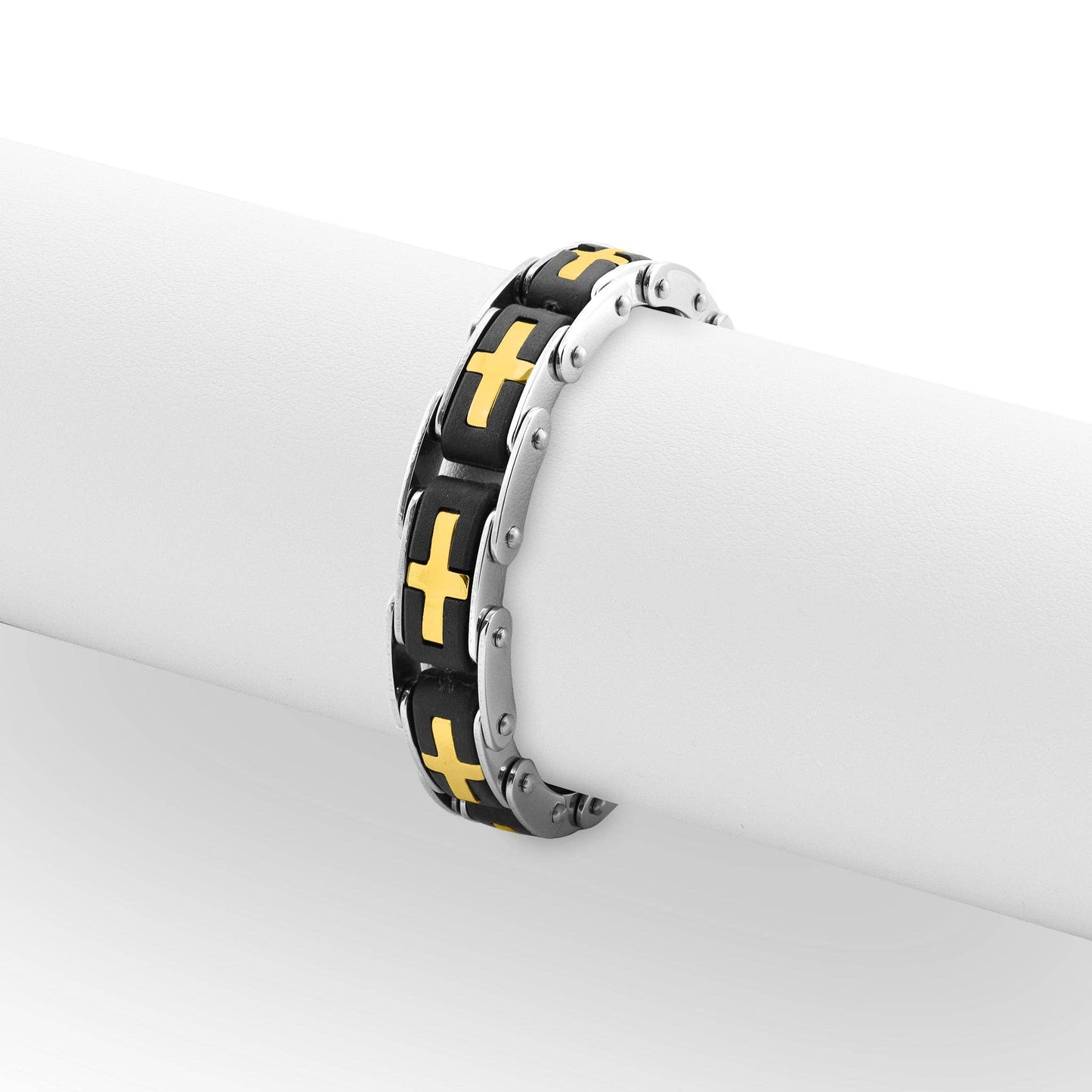 Stainless Steel And 18K Gold PVD Coated Cross Bike Chain Bracelet