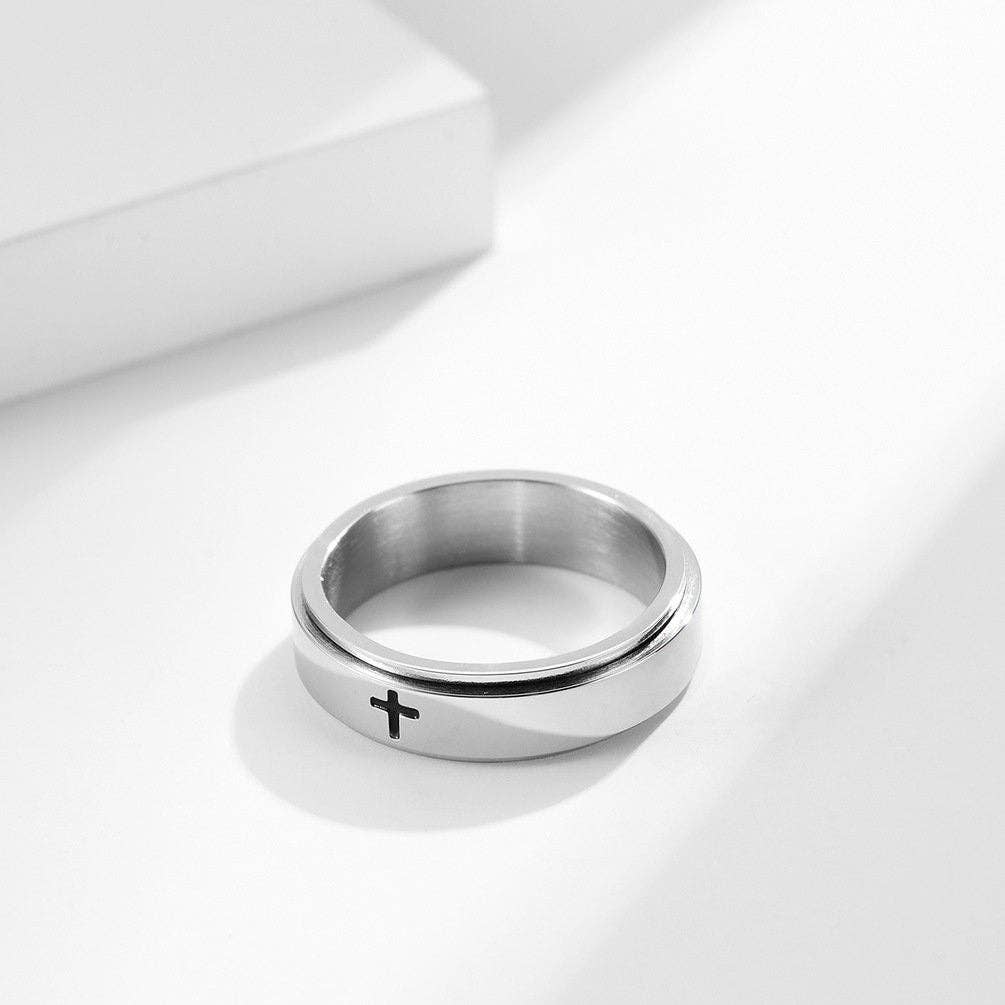 Cross Anxiety Fidget Spinner Band Ring in Stainless Steel