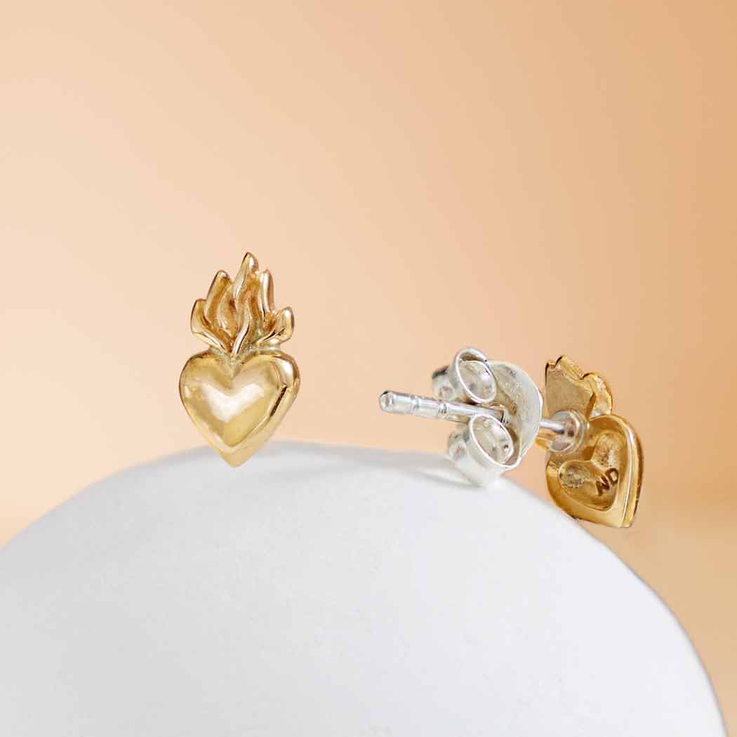 Heart Post Earrings with Bronze Flame 9x5mm
