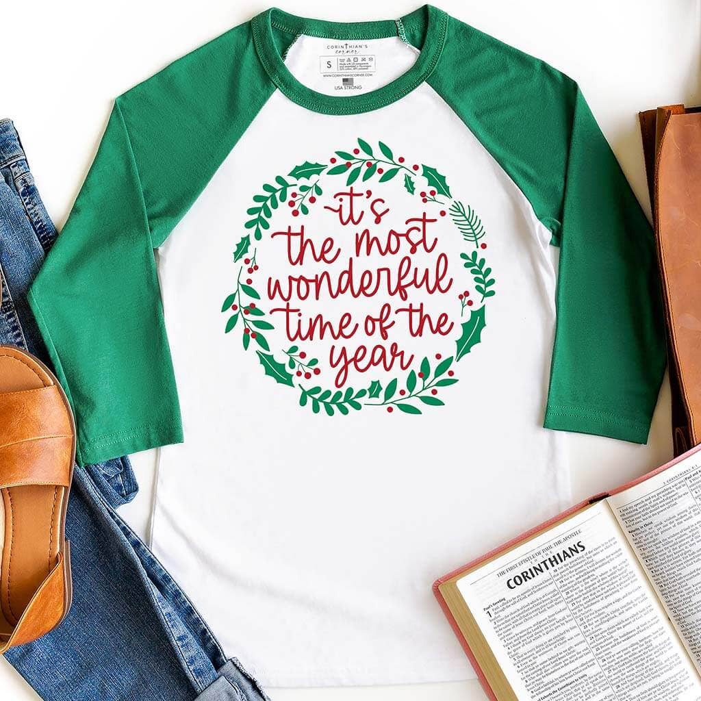 The Most Wonderful Time Raglan 3/4 Sleeve Christmas T-Shirt
