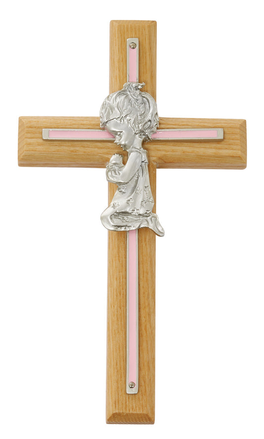 7" ALUMINUM & OAK CROSS PEWTER PRAYING CHILD