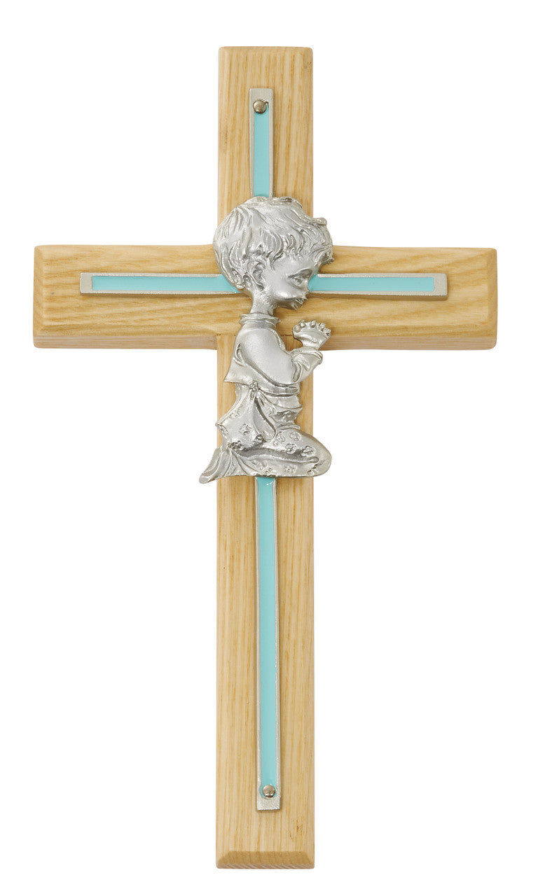 7" ALUMINUM & OAK CROSS PEWTER PRAYING CHILD