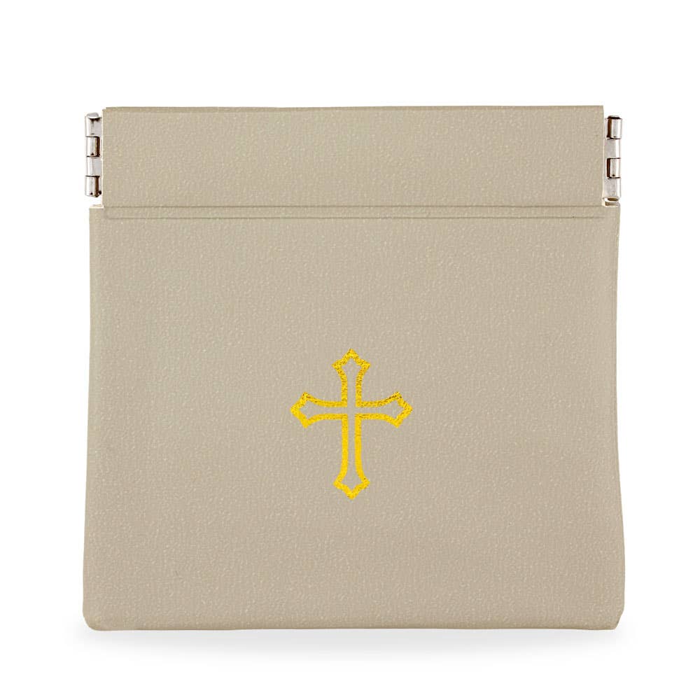 Gray Vinyl Rosary Pouch Squeeze Top Gold Cross Imprint