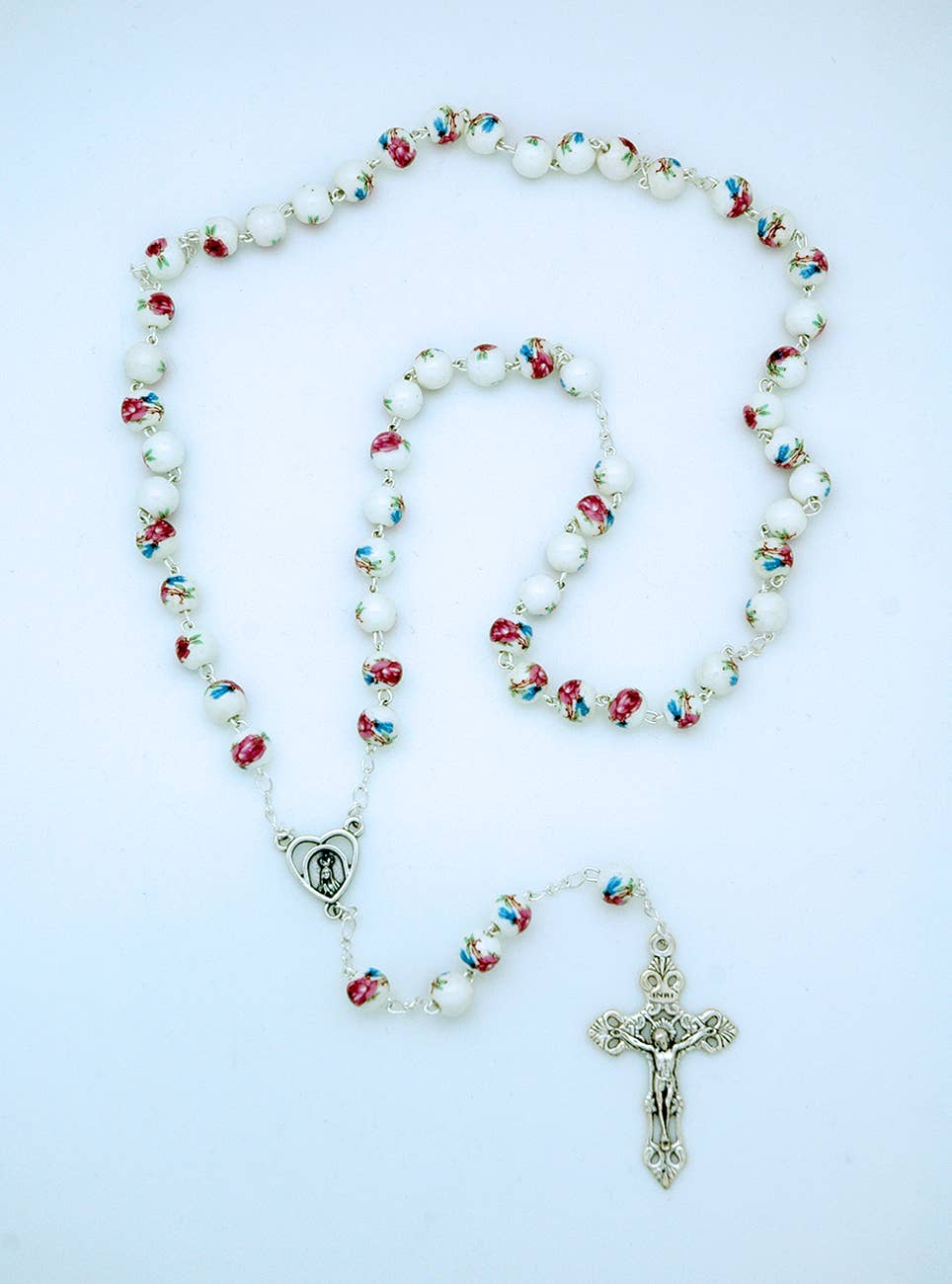 White Porcelain Rosary w/ pink roses from Fatima