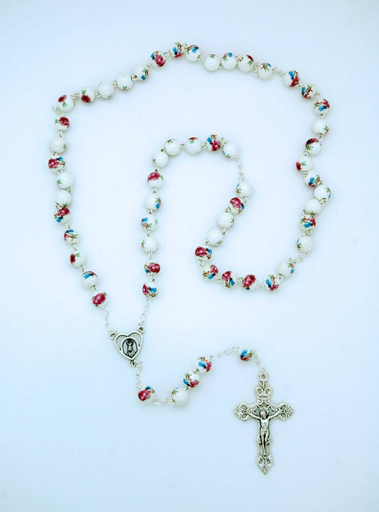 White Porcelain Rosary w/ pink roses from Fatima