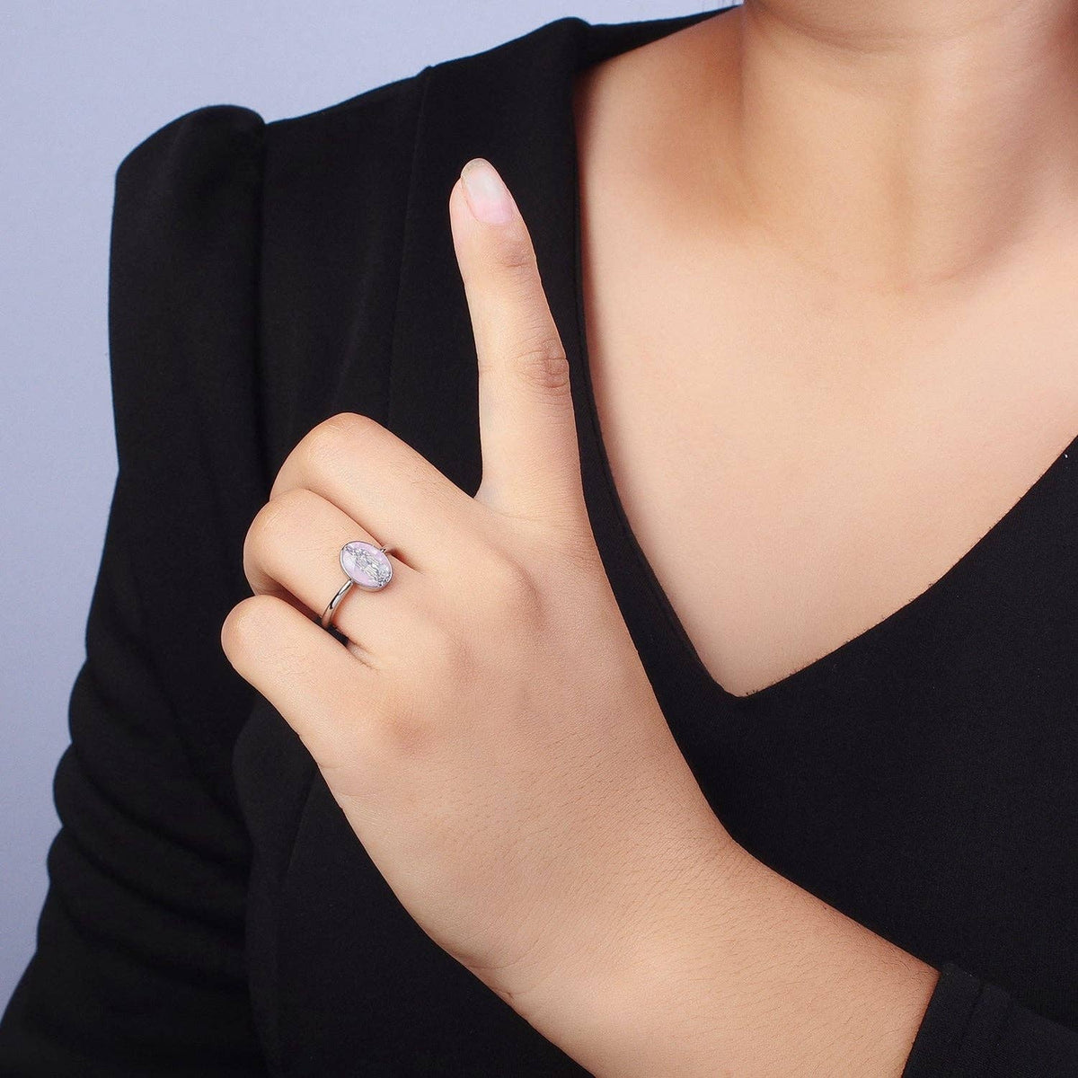 Gold Filled Oval Virgin Mother Mary Shell Opal Ring