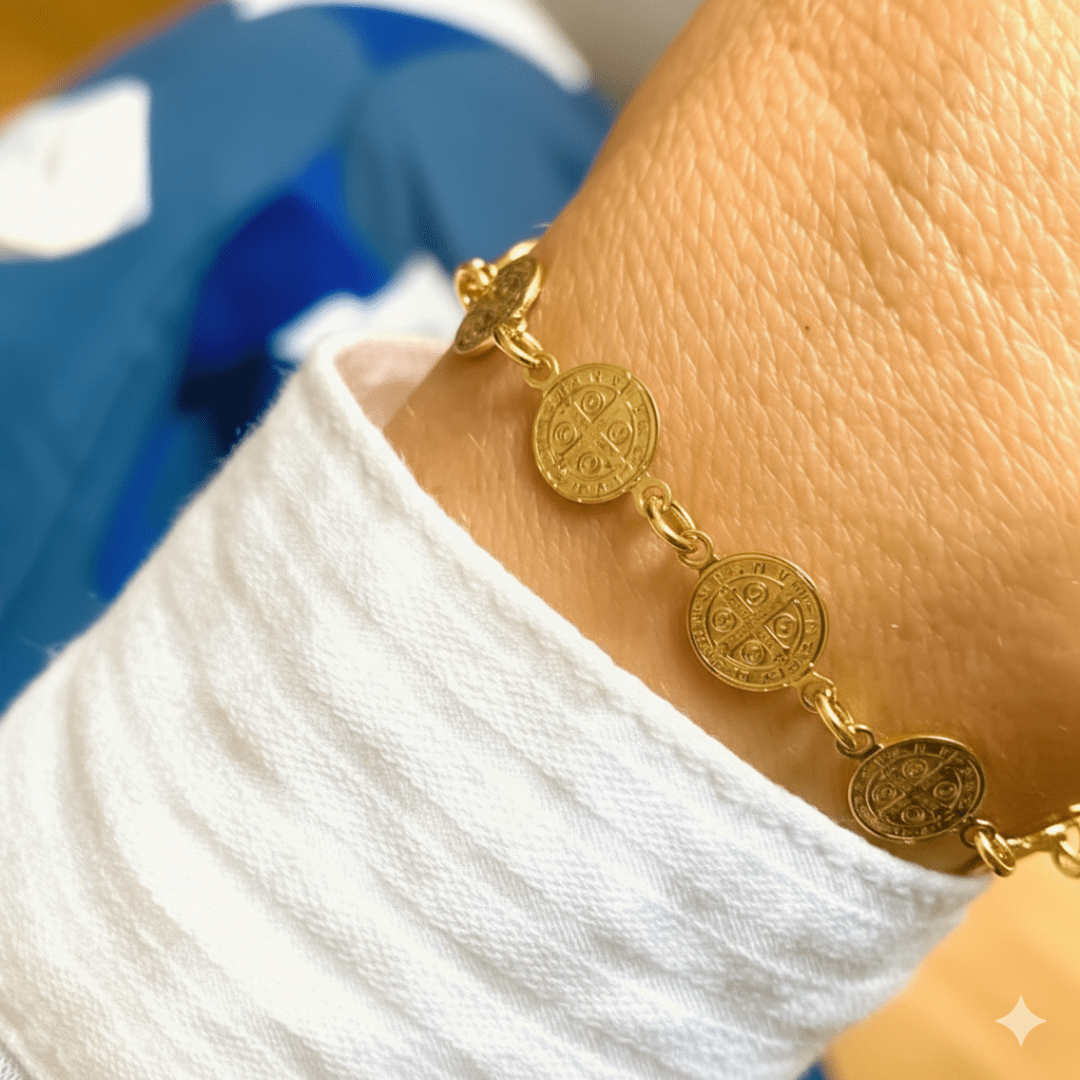 Gold-Plated St Benedict Coins Bracelet 7.5-inch