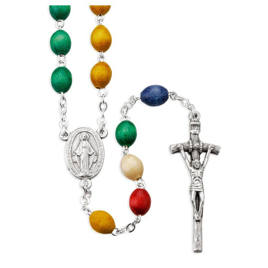 Italian Oval Wood Mission Rosary in 5x7mm Multicolored Beads