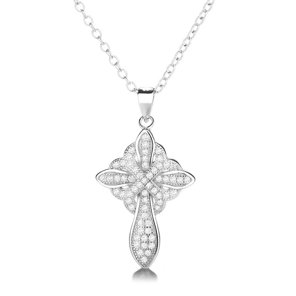 14K Gold And 14K White Gold Studded Cross Pendant Necklace