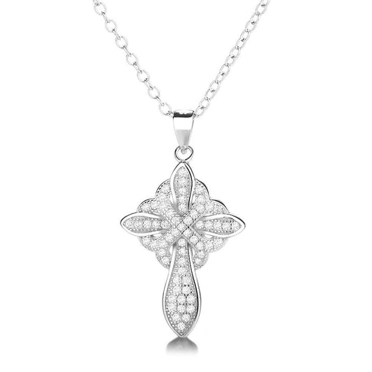 14K Gold And 14K White Gold Studded Cross Pendant Necklace