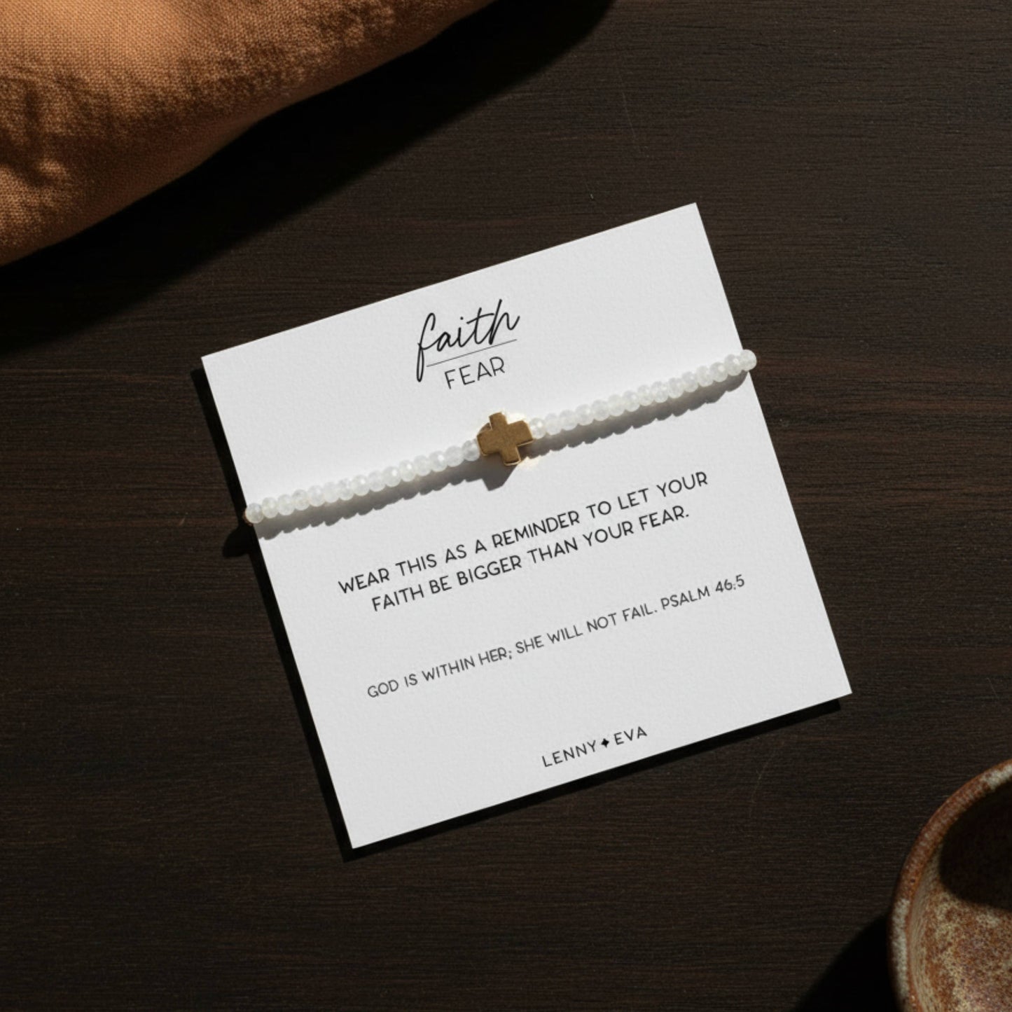 Faith Over Fear 3mm Faceted Moonstone Cross Bracelet