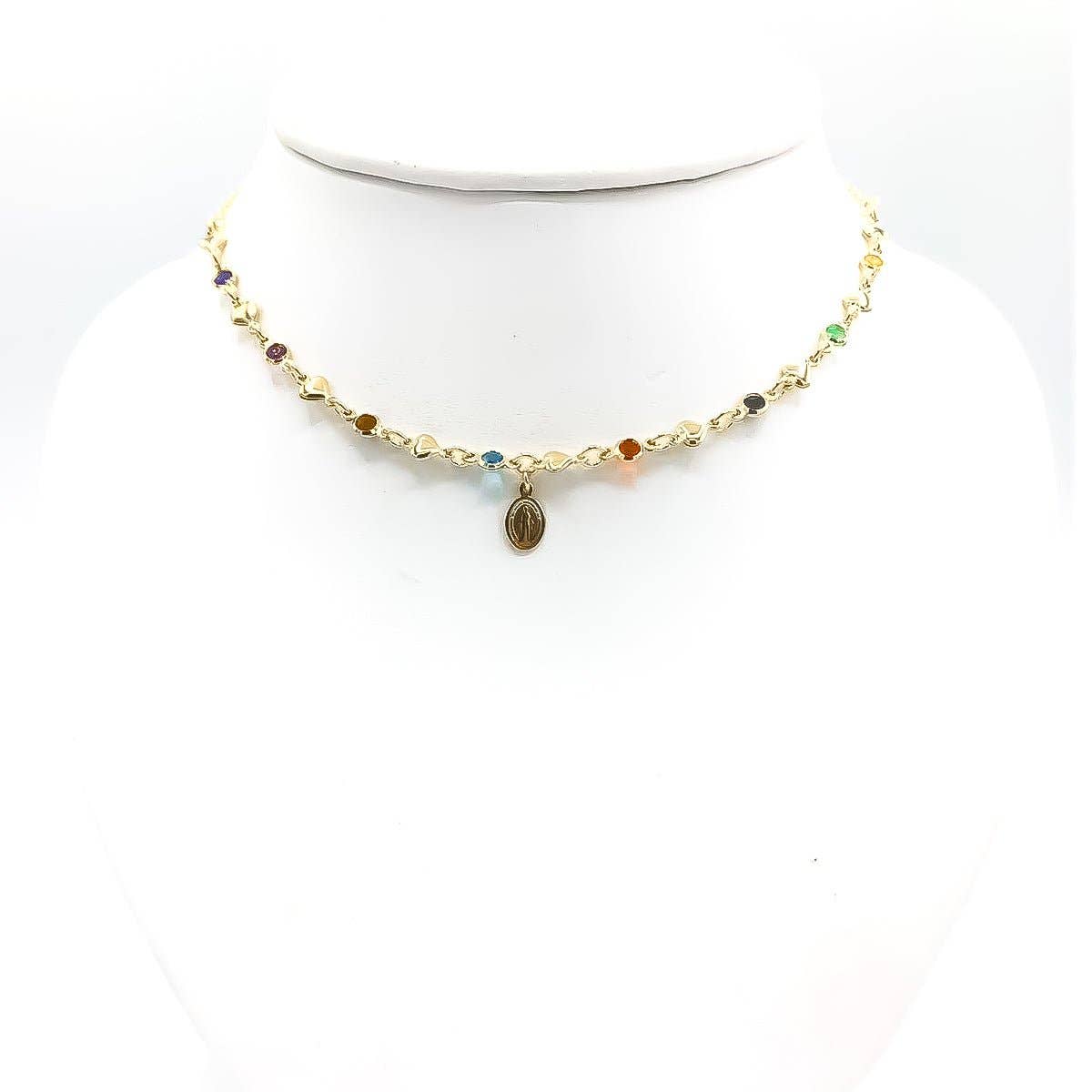 Gold-Plated Multicolor Zirconia Our Lady of Grace Necklace 16-inch