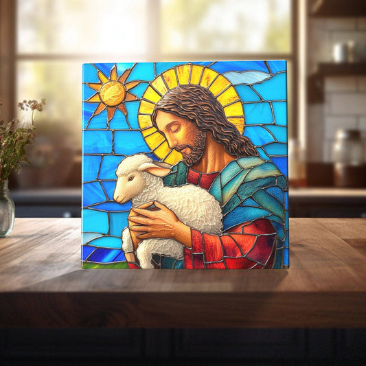 Jesus - Embrace of Peace Stained Glass-Like Ceramic Tile - Serene Pastoral Art for Home