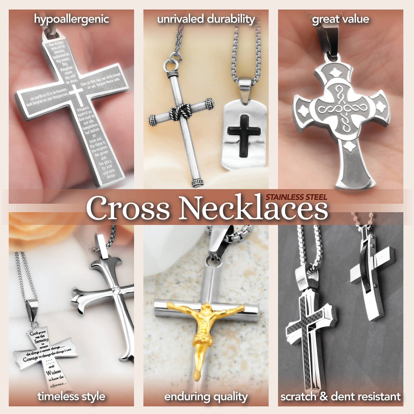 Stainless Steel Lord's Prayer Cross Necklace Women or Men