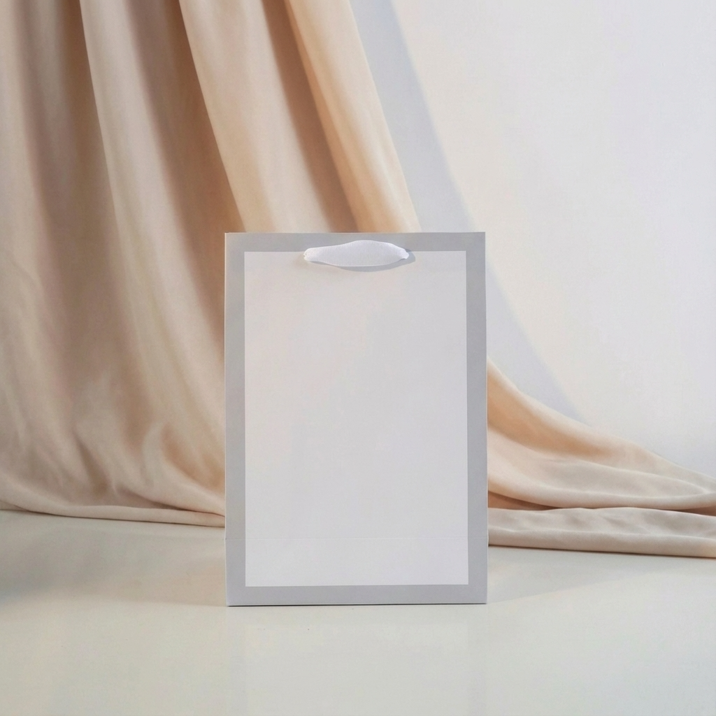 Soft Gray Border Gusset White Gift Bag w/ tissue