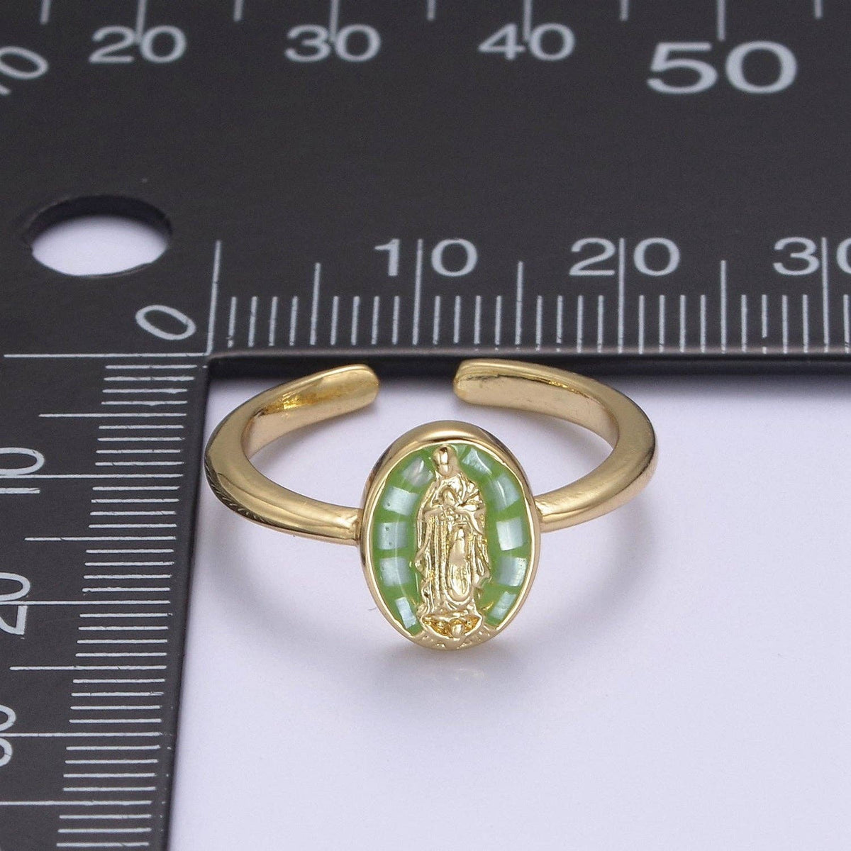Gold Filled Oval Virgin Mother Mary Shell Opal Ring