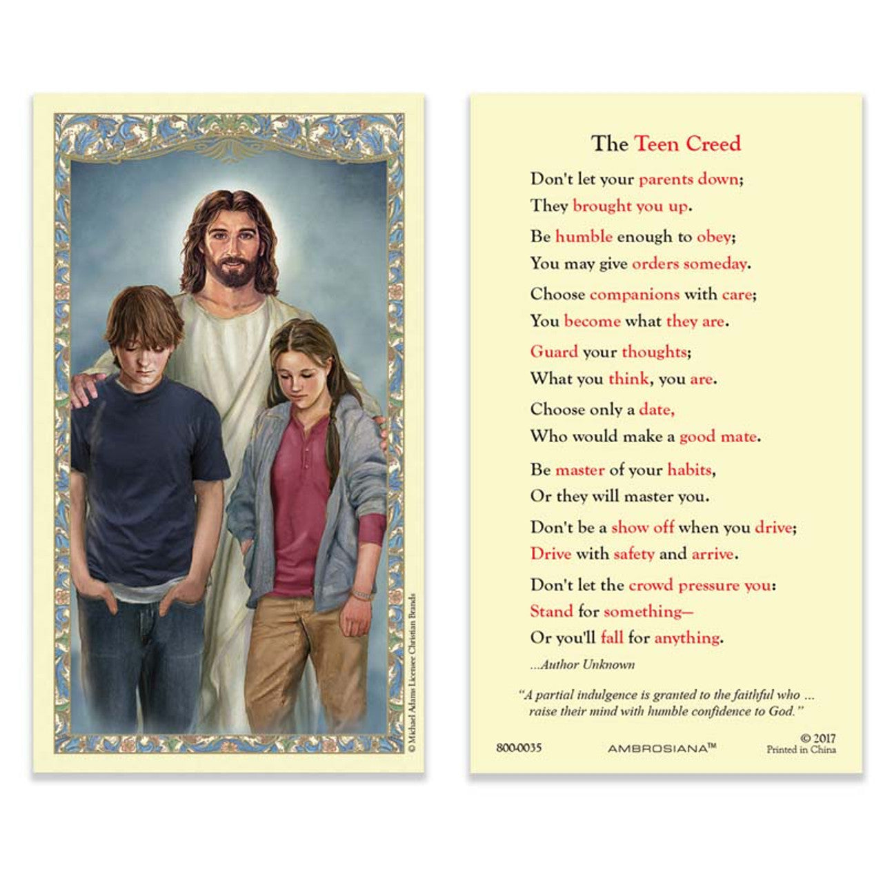 Holy Card - Laminated - The Teen Creed