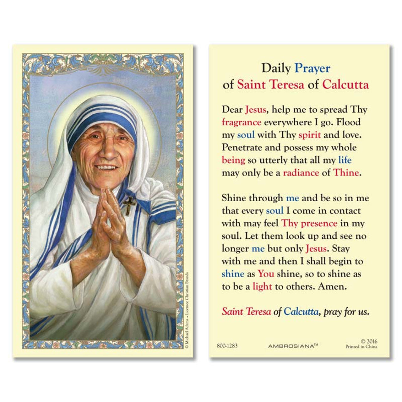 Holy Card - Laminated - 800-1283 Teresa Of Calcutta