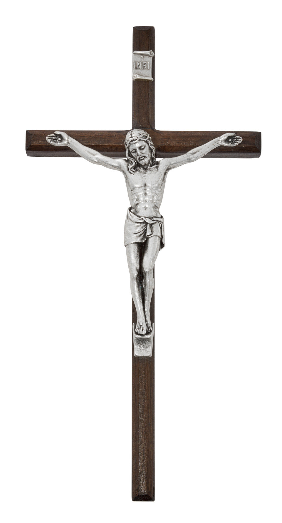 10" WALNUT CRUCIFIX SILVER CORPUS