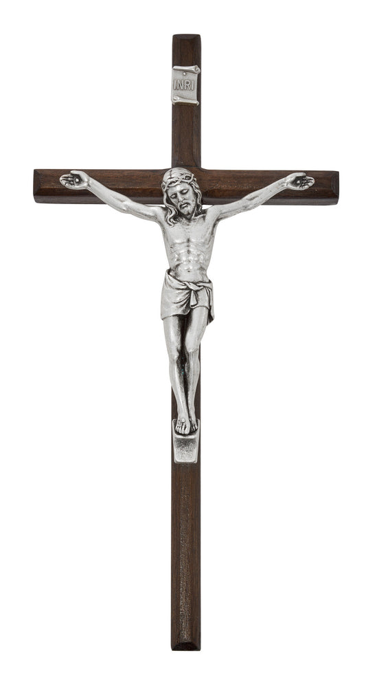 10" WALNUT CRUCIFIX SILVER CORPUS