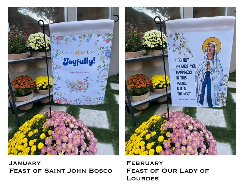 Catholic Garden flags. Marian garden. Sacred heart flag.