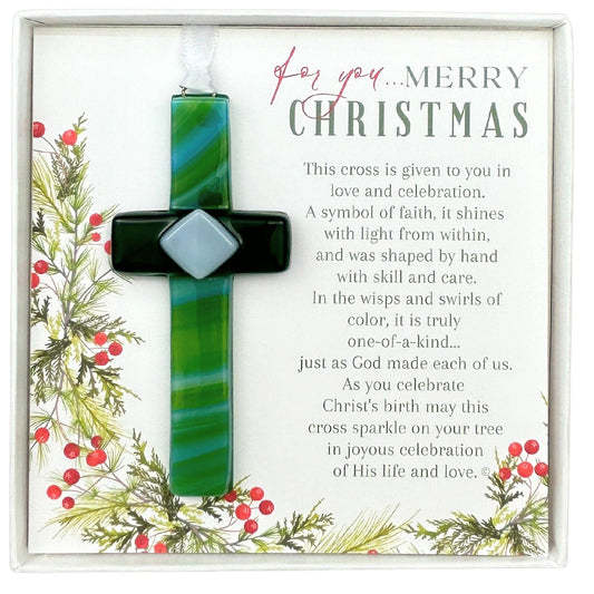 Merry Christmas Christian Gift USA Handmade Glass Cross 4475