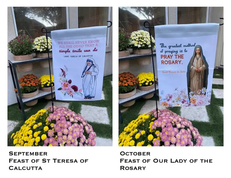 Catholic Garden flags. Marian garden. Sacred heart flag.