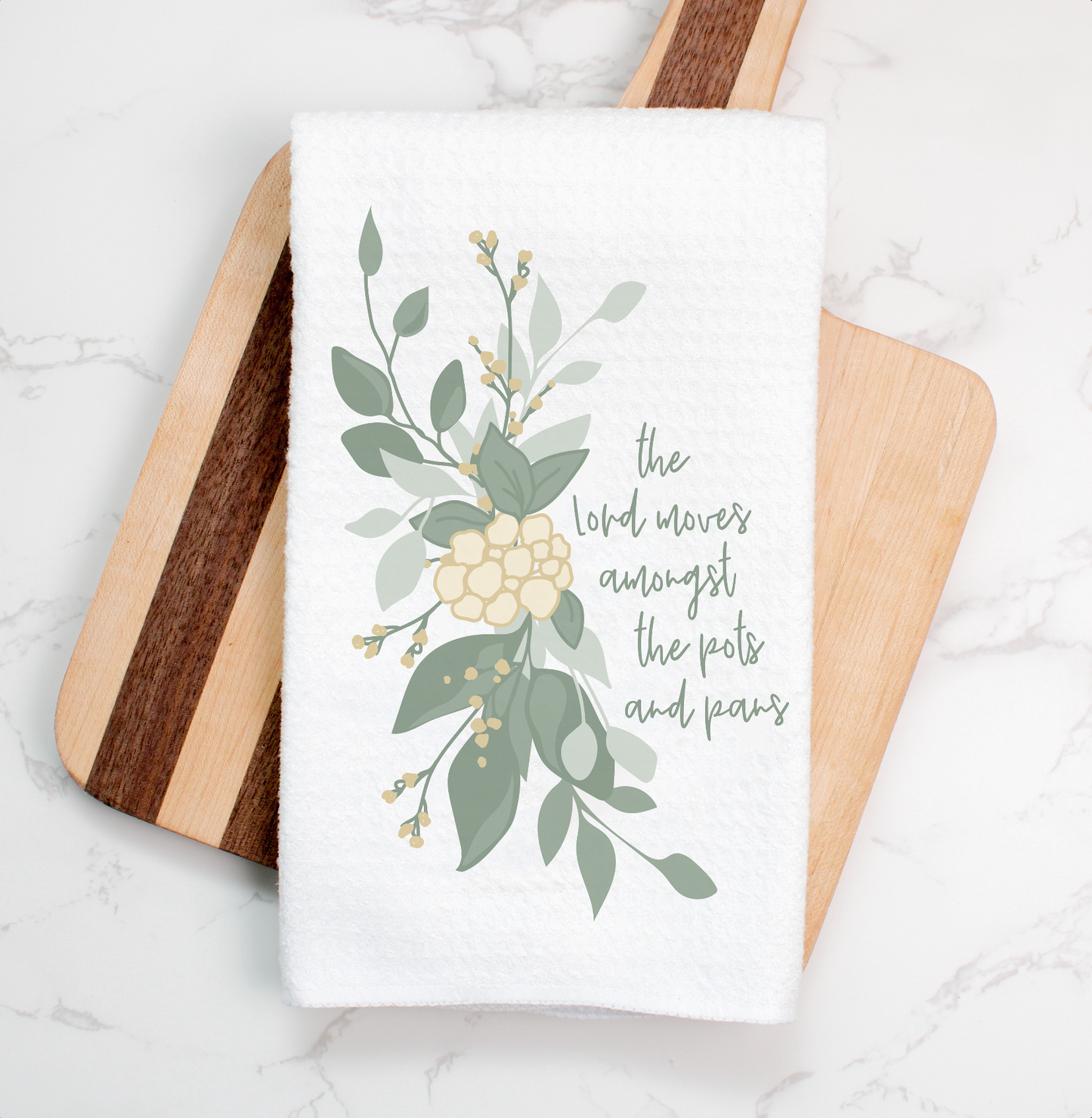 The Lord Moves Amongst the Pots and Pans Catholic Tea Towel