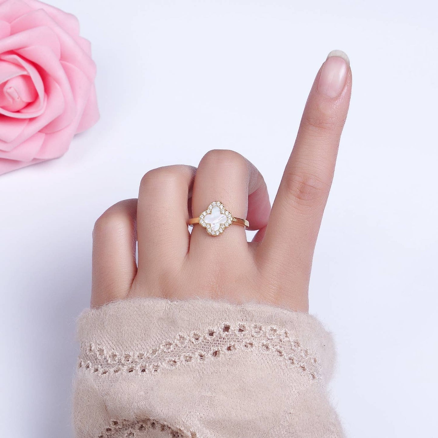 Dainty Pearl Clover Floral Micro Pave Gold Quatrefoil Ring