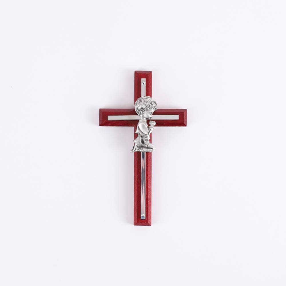Wall Cross - Cherry Wood with Stainless Steel - Praying Boy