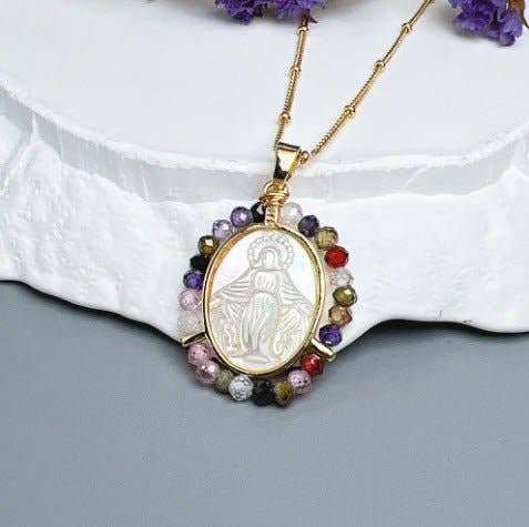 Gold-Plated Our Lady of Grace Mother of Pearl & Multicolor Zircon Necklace 18-inch