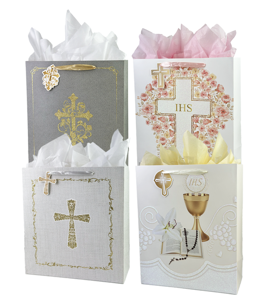 Religious Gift Bag - Cross, glitter accents, assort 4 styles