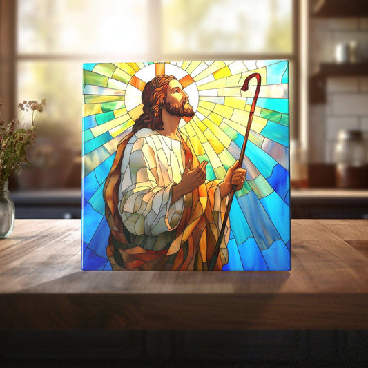 Jesus - Radiant Shepherd Stained Glass-Like Ceramic Tile - Divine Home Accent