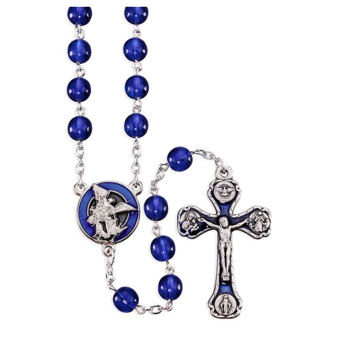 7mm Navy Blue Round Glass Czech Bead Rosary with St. Michael Ctr and Crucifix in Gray Velvet Box