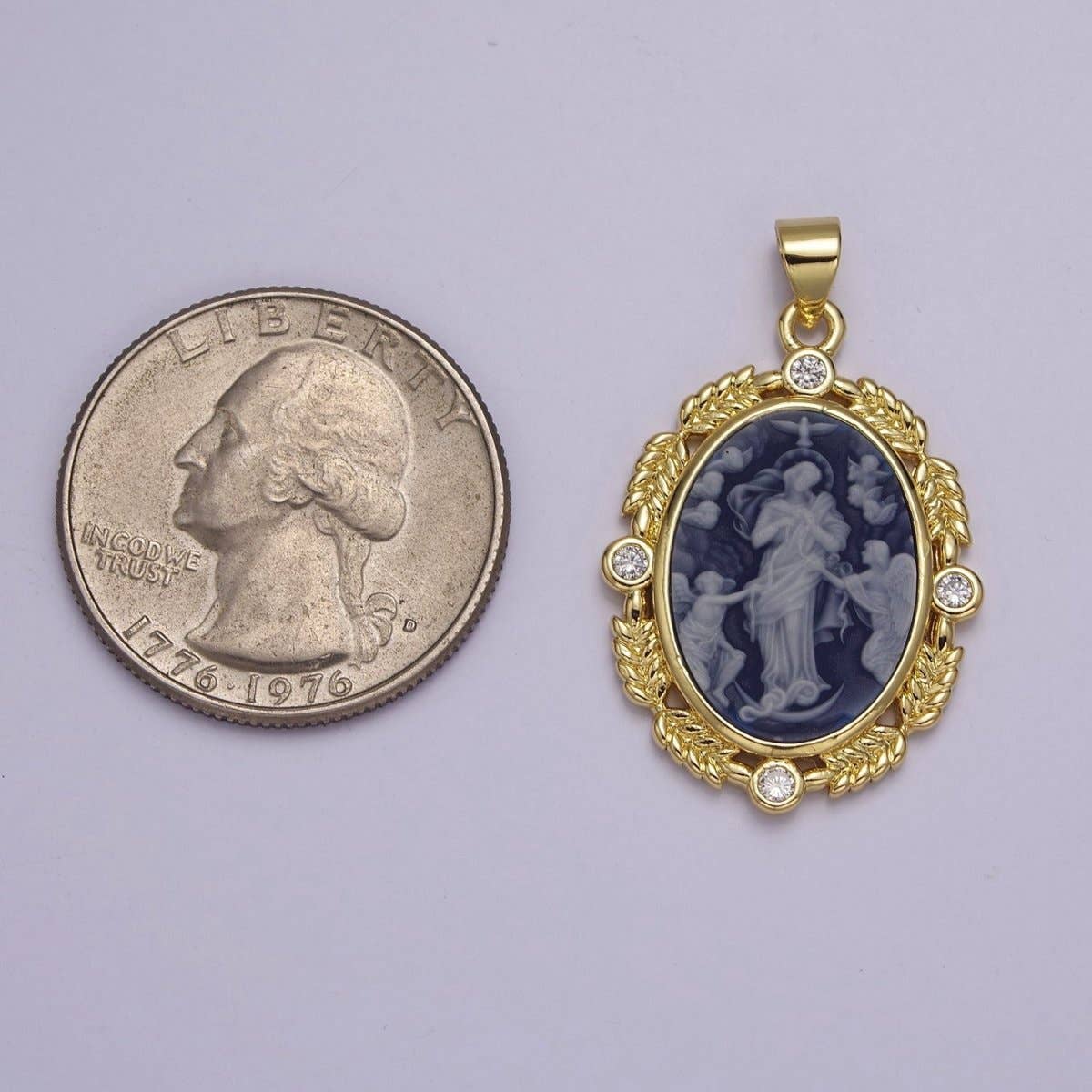 Dainty Vintage Blue Agate Jesus pendant Angel cameo
