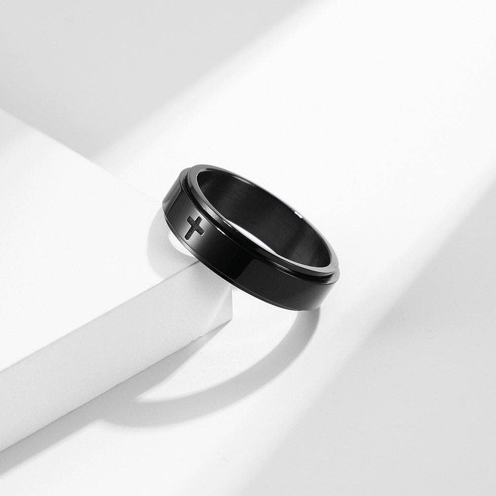 Cross Anxiety Fidget Spinner Band Ring in Stainless Steel