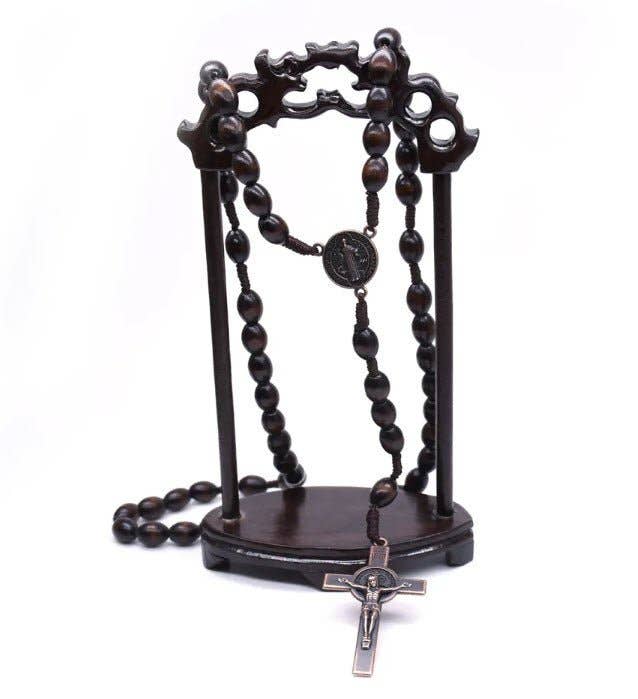 Red Oak Wooden Saint Benedict Medal Rosary Beads 20-inch