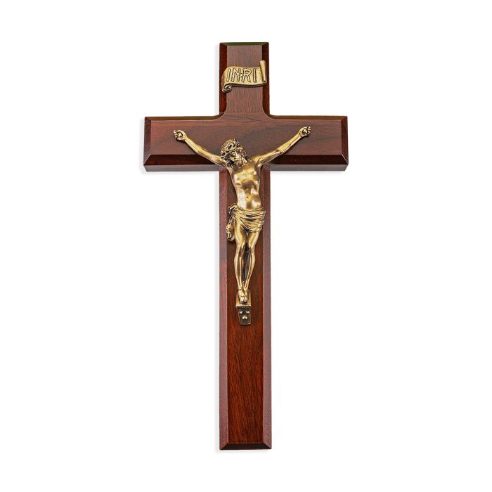 10" Dark Cherry Wood Cross with Museum Gold Finish Corpus