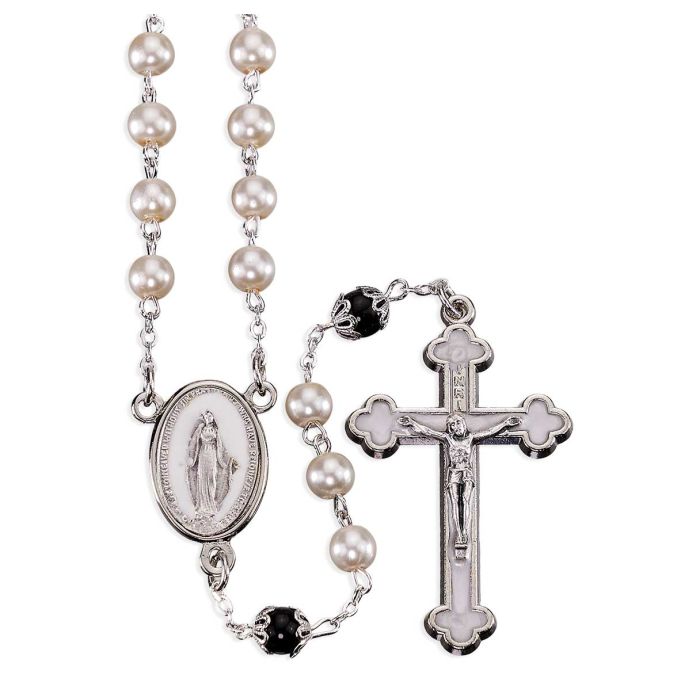 6mm Glass Pearl Bead Rosary with Capped Pater Beads Silver Crucifix and Oval Miraculous Centerpiece with White Epoxy-18 3/4" in Deluxe Box