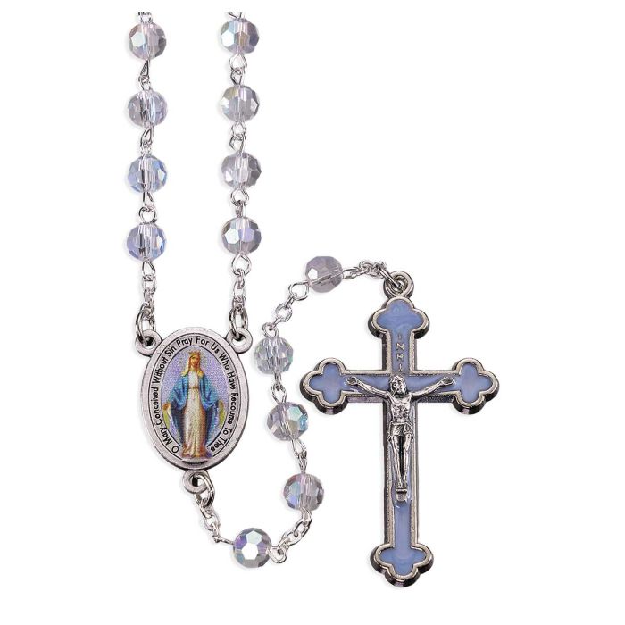 6mm Aurora Crystal Tin Cut Bead Rosary with Oval Colored Miraculous Centerpiece and Silver Crucifix with Light Blue Epoxy in Deluxe Box