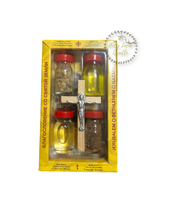 Holy Land Set of Olive Wood Cross, Holy Water, Oil, Earth
