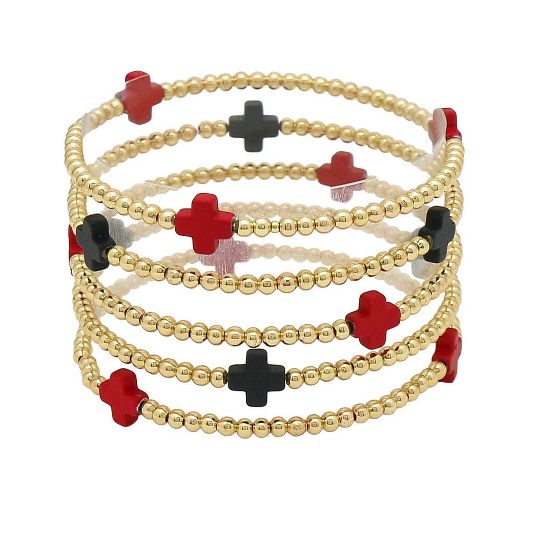 Multi layered gold bead stretch bracelet with cross accent n