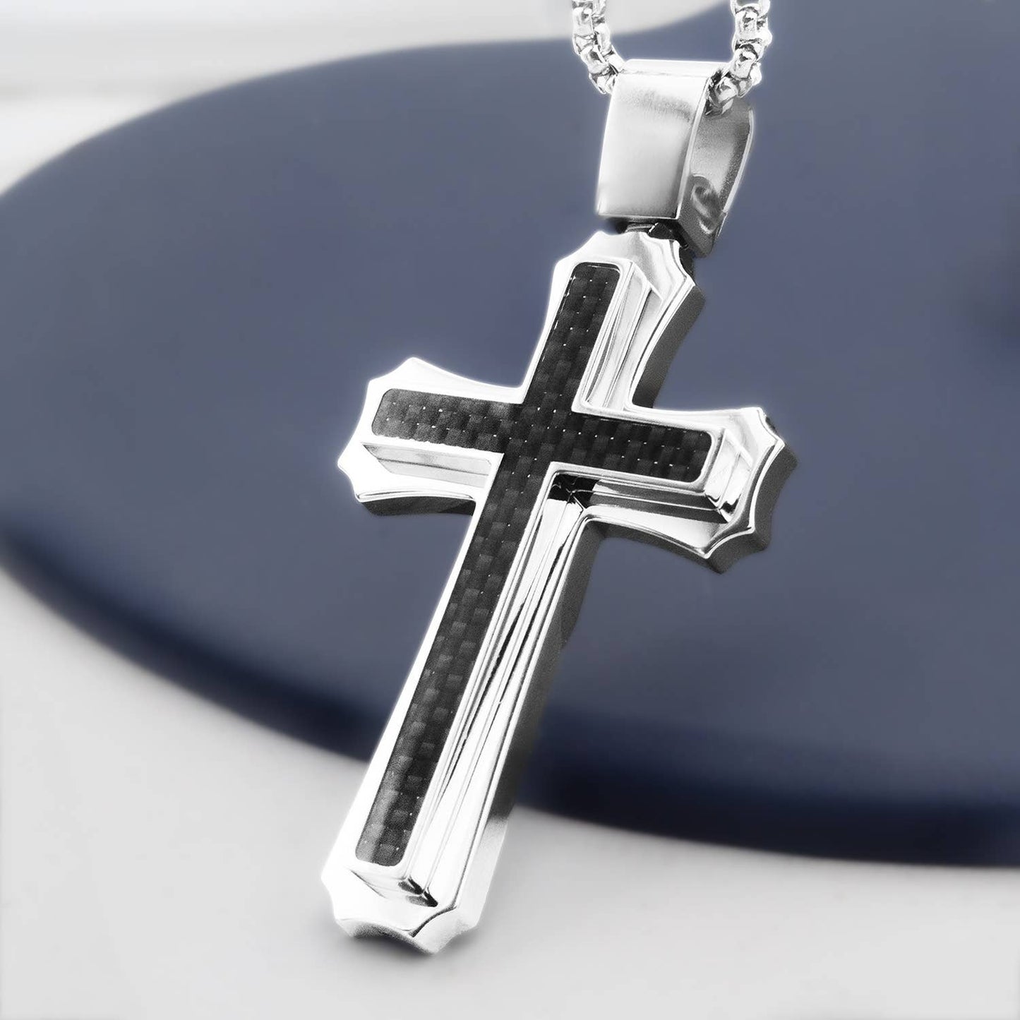 Men's Stainless Steel Cross Necklace with Carbon Fiber Inlay